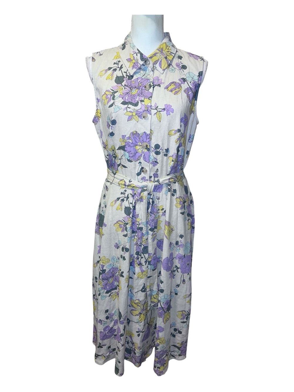 Floral linen blend midi dress with belt and pockets Size 10 garden party
